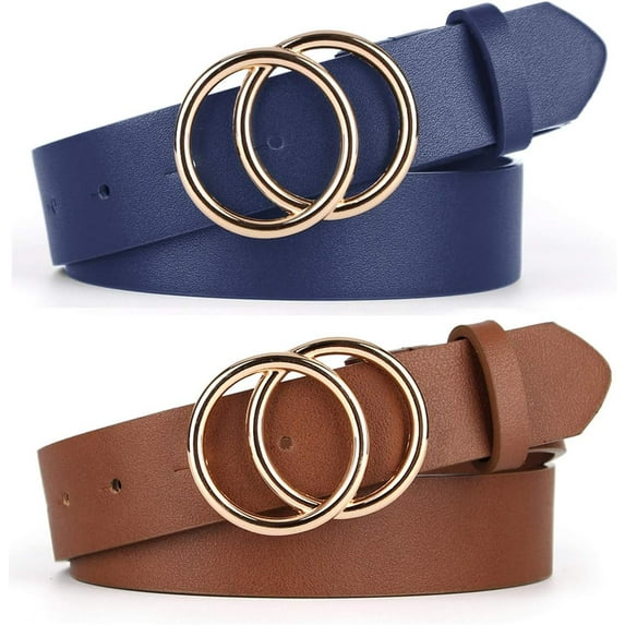 2 Women Belts for Jeans with Fashion Double O-Ring Buckle and Faux Leather