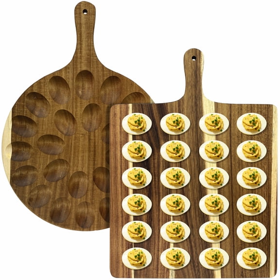 2 Wood Deviled Egg Trays, 48 Compartments Each, 16.5 x 12.2 in Reversible Charcuterie Boards, Egg Holders with Handles for Kitchen, Easter, Party Serving