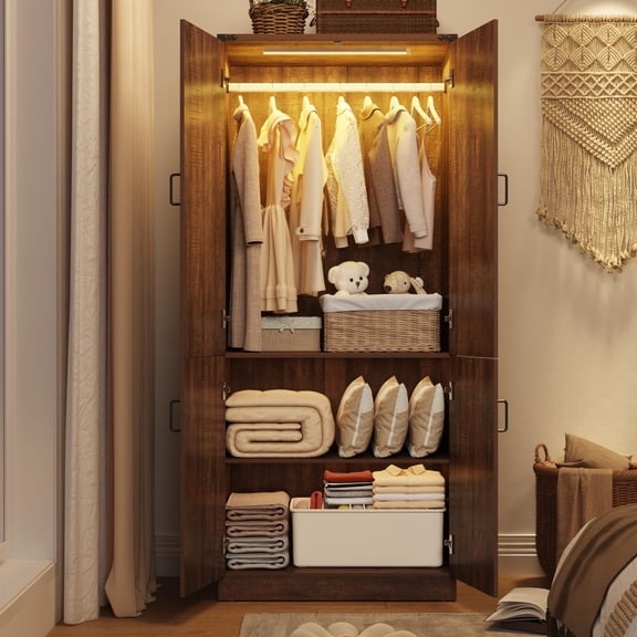 2 Wood Door Armoire Wardrobe Closet for Bedroom with LED Sensor Light,75"H Farmhouse Wood Clothing Storage Cabinet with Hanging Rod & Adjustable Shelf