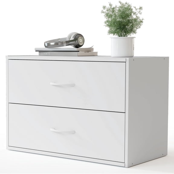 2 Wood Drawers Closet Dresser Storage Organizer Stackable White | Modular Chest Cabinet Clothes Short Small Low Deep Bedroom Dorm Underbed Wardrobe Nursery Office Inside Pull Out Space Saving