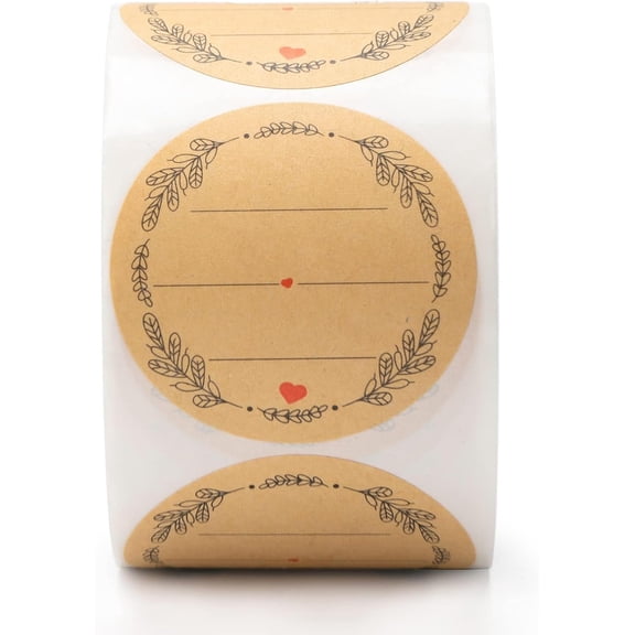 2" Wreath Design Kraft Stickers, 500 Pcs Light Brown Sticker Labels | 3 Lines Round Labels for Writing, For Jar and Canning, Organizing, Bottle, Store Owners, Crafts, Price Tags, Matte Finish