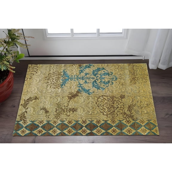 2' X 3' Blue Brown and Tan Floral Hand Knotted Area Rug