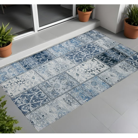 2' X 3' Denim Blue Patchwork Washable Non Skid Indoor Outdoor Area Rug