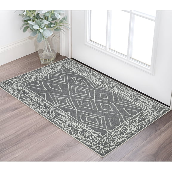 2' X 3' Gray And Ivory Wool Geometric Hand Hooked Area Rug