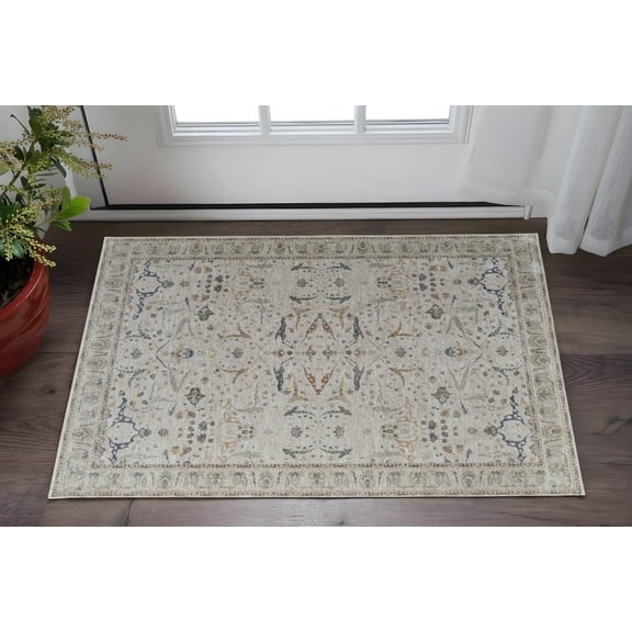 2' X 3' Gray Blue and Red Ikat Power Loom Worn Faded Area Rug With Fringe