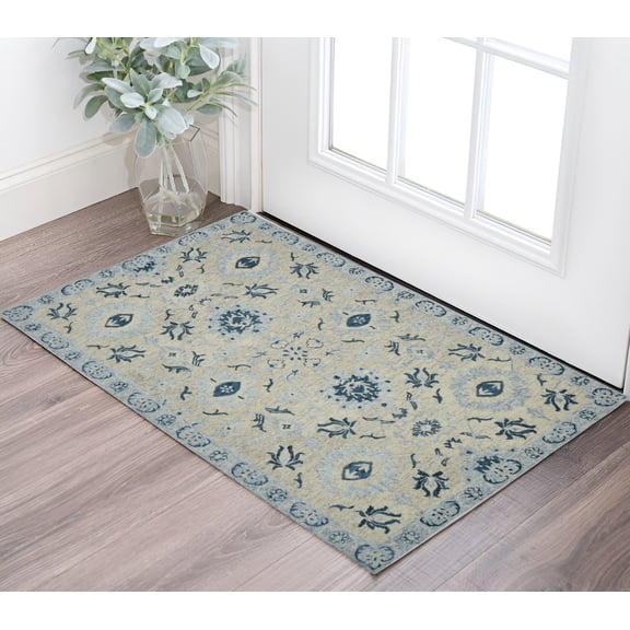 2' X 3' Gray Dark Blue And Light Blue Wool Floral Medallion Hand Hooked Area Rug