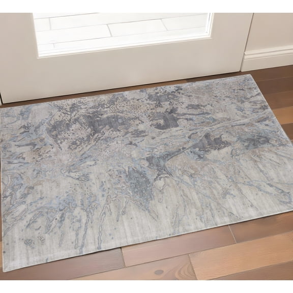 2' X 3' Gray Tan And Blue Abstract Hand Tufted Distressed Area Rug