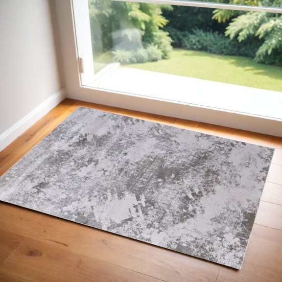 2' X 3' Gray and Silver Abstract Power Loom Worn Faded Area Rug