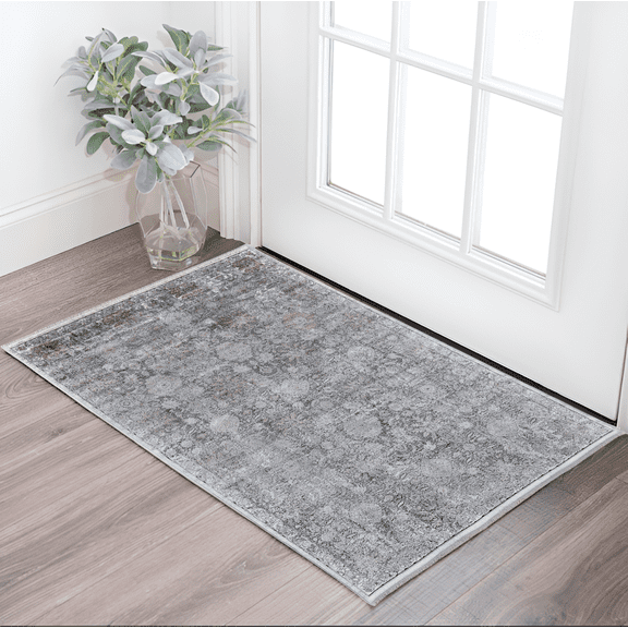 2' X 3' Gray and Silver Damask Power Loom Worn Faded Area Rug