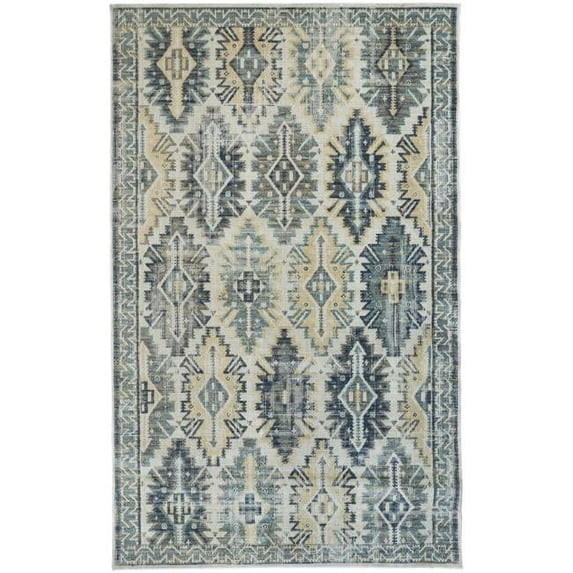 2' X 3' Green Blue And Ivory Abstract Power Loom Distressed Stain Resistant Area Rug