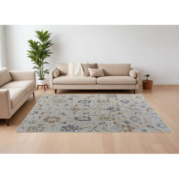 HomeRoots 567599 2 x 3 ft. Floral Power Loom Worn Faded Rectangle Area Rug with Fringe, Ivory, Blue & Gold
