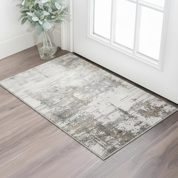 2' X 3' Ivory Gray And Brown Abstract Area Rug With Fringe