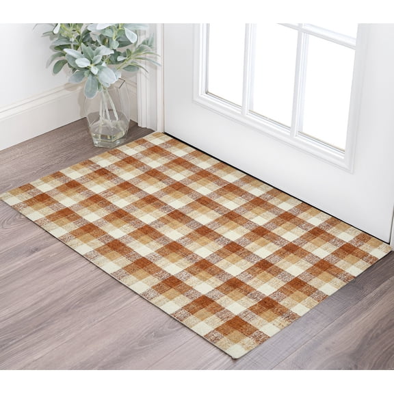2' X 3' Orange Beige And Brick Red Wool Plaid Hand Tufted Area Rug