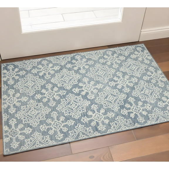 2' X 3' Sky Blue And Ivory Wool Oriental Hand Hooked Area Rug