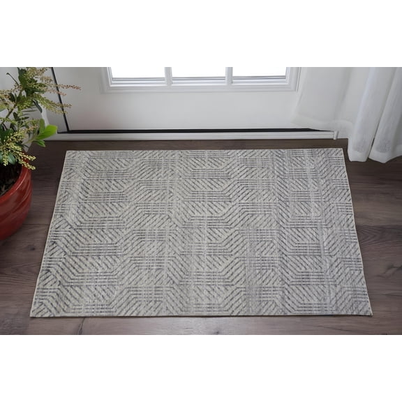 2' X 3' Tan and Gray Wool Geometric Hand Knotted Area Rug