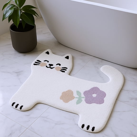2' X 3' White Kitty Cat And Flowers Youthful Washable Area Rug