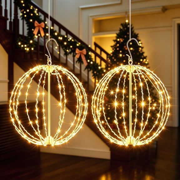 2 * 30CM LED String Hanging Ball Lights Warm White with Timer Waterproof 144 LED Globe Lights, for Christmas Garden Porch Home Decoration