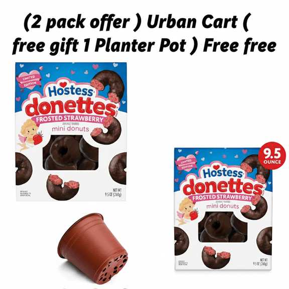 (2 X ) Hostess Donettes, Frosted Strawberry Artificially Flavored Mini Donuts,,( With Disposable Planter 1 Pot ) Free Gift Urban Cart