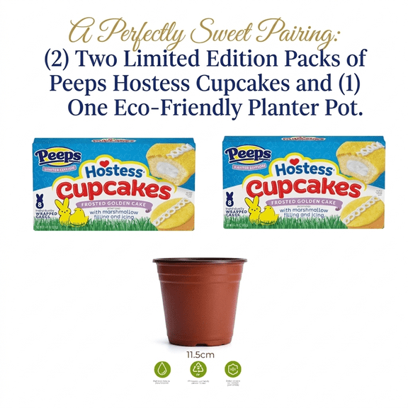 (2 X ) Hostess PEEPS Cupcakes, Frosted Golden Snack Cakes with Marshmallow Artificially Flavored Filling, 11.74 oz Box ( With Disposable Planter 1 Pot ) Urban Car Gift Pack
