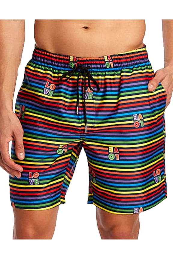 Mens Navy Expandable Waist Printed Stretch Swim Trunks S