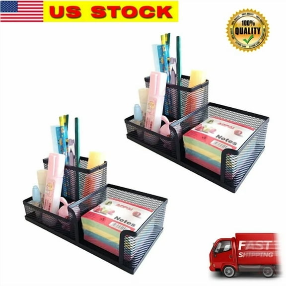 2 X Metal Mesh 3 Compartment Desktop Organizer Pen Pencil Holder Storage Black