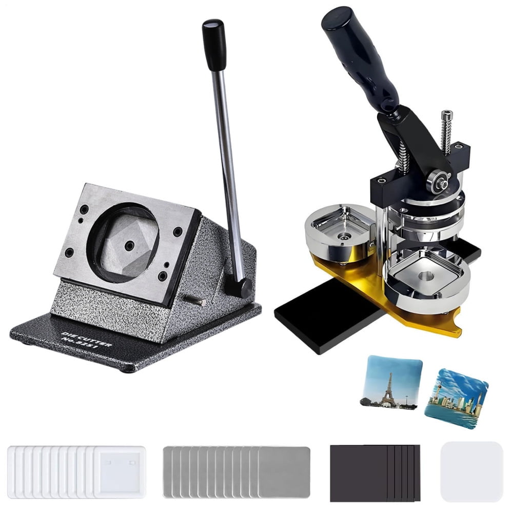2"X2" Square Photo Badge Magnet Maker Machine, Magnet Making Machine with Paper Cutter - Create Custom Magnets & Badges Easily, Includes 100 Pieces Magnetic Sheets