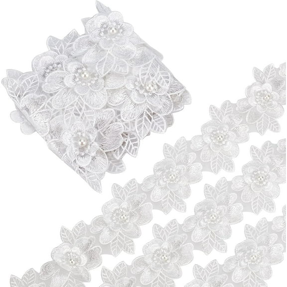 2 Yard 3D Polyester Flower Lace Edge Trim Ribbon Pearl Beads Edging Trimmings Embroidered Applique Fabric Vintage Sewing Craft for Wedding Dress Embellishment DIY Dress Decor(White)