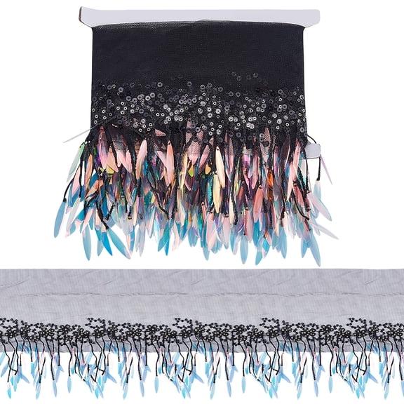 2 Yard Polyester Tassel Lace Ribbon Fringe Ribbon with Laser Sequins Clothes Decoration Black 11-3/8 inch(290mm)