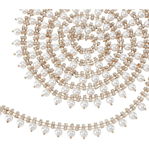 2 Yard Rhinestone Fringe Trim Gold Tassel Rhinestone Chain Sew on Edging Pearl Beaded Applique Chain for Home Decor Wedding Bouquets Dress Embellishment Costume DIY Jewelry Craft Projects DIY Making