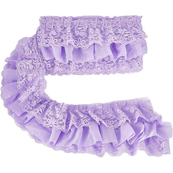 2 Yards 3-Layer Pleated Lace Trim 11cm Wide Ruffled Lace Ribbon Floral Embroidered Gathered Edging Trimmings with 5.5cm Width Tulle Chiffon Fabric for DIY Sewing Craft Dress Gown Lilac