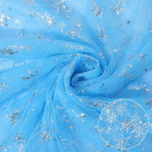 2 Yards 59 Inch Sky Blue Snowflake Tulle Sheer Organza Cloth Silver Foil Mesh Material Glitter Transparent Polyester Fabric