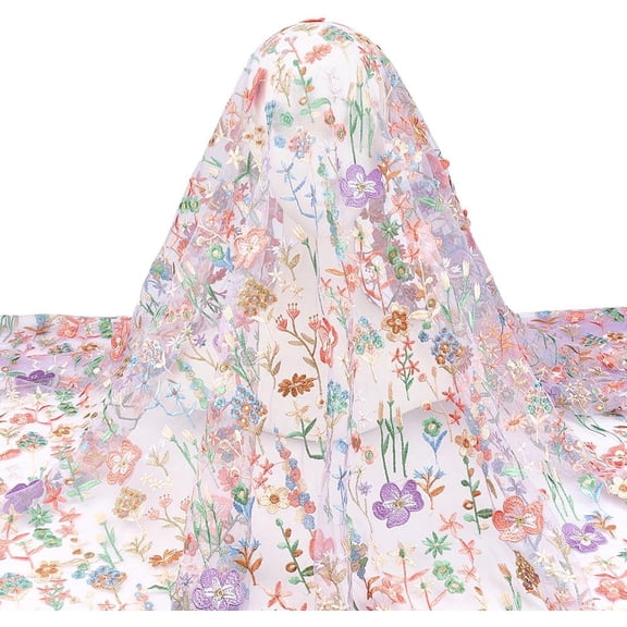 2 Yards63 Inch Colorful Flower Embroidered Lace Fabric Floral Embroidery Mesh Fabric French Sewing Lace Trim Fabrics for DIY Wedding Party Dresses Curtains Home Decoration