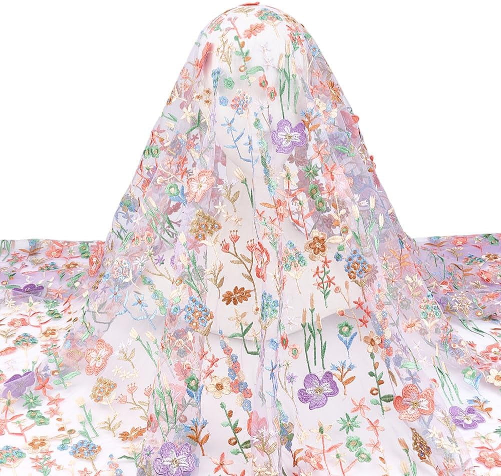 2 Yards×63 Inch Colorful Flower Embroidered Lace Fabric Floral Embroidery Mesh Fabric French Sewing Lace Trim Fabrics for Wedding Party Dresses Curtains Home Decoration