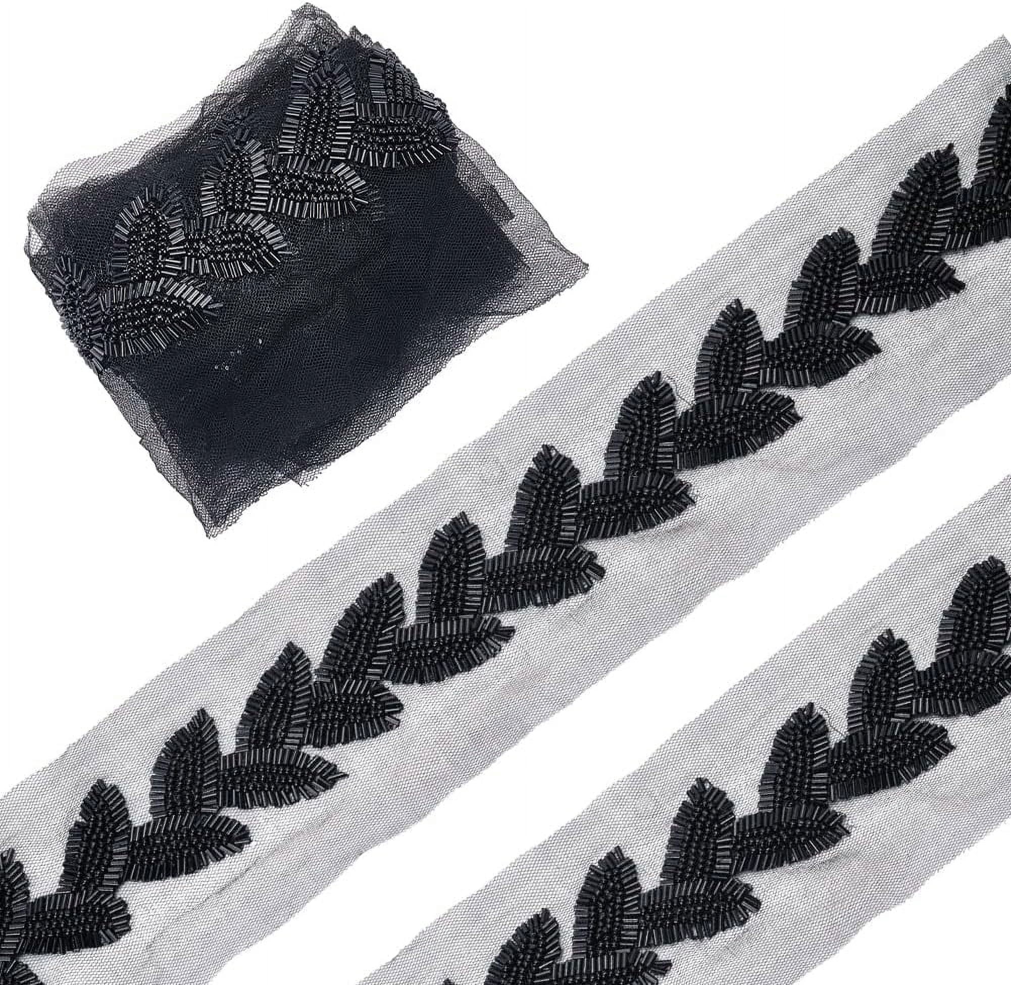 2 Yards Beaded Lace Trim Black Beaded Leaf Applique Ribbon 40mm Lace Mesh Ribbon Glass Bead Trim for Clothing Sewing Crafts Curtain Dance Skirt Decoration Accessories Black