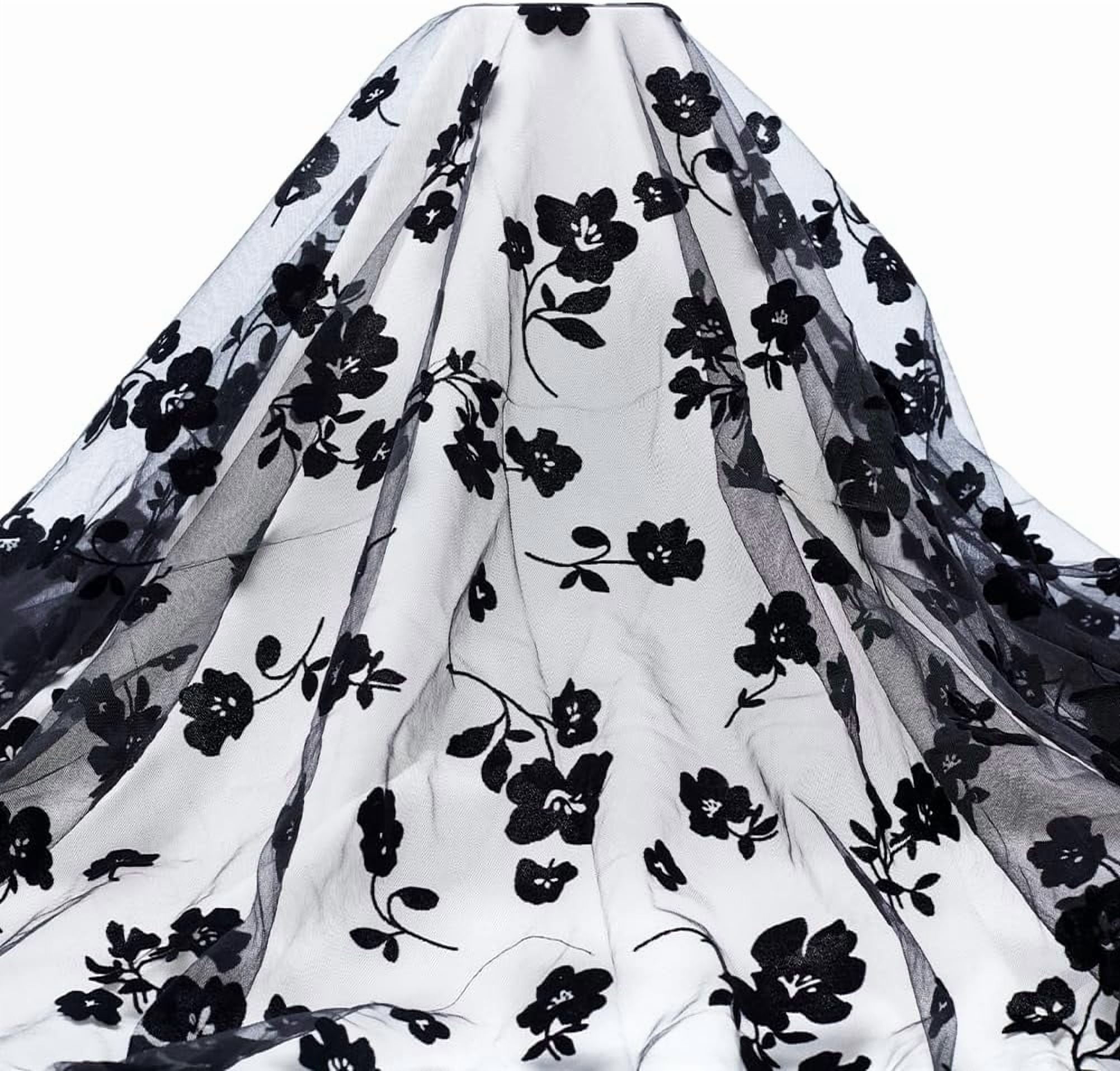 2 Yards Black Flocking Flowers Mesh Lace Fabric 63~67inch Lightweight ...