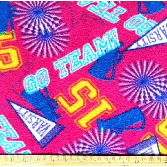 2 Yards - Cheer Cheerleading Go Team on Hot Pink Fleece Fabric (Great for Sewing, Craft Projects, No-Sew Throw Blanket, & Pillows) 2 Yards x 58" Wide