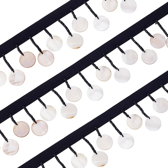 2 Yards Cotton Fringe Lace Ribbon with Shell Seed Beads Trimming Clothes Sewing Black 1-3/4 inch(45mm)