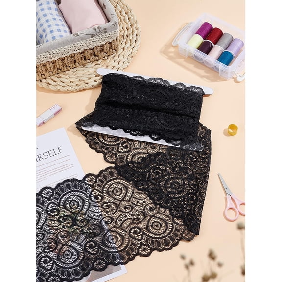 2 Yards Fabric Lace Trim Stretch Black Lace Fabric Black Wide Elastic Lace Trim for DIY Sewing Craft Costume Wedding Decoration Supplies Black