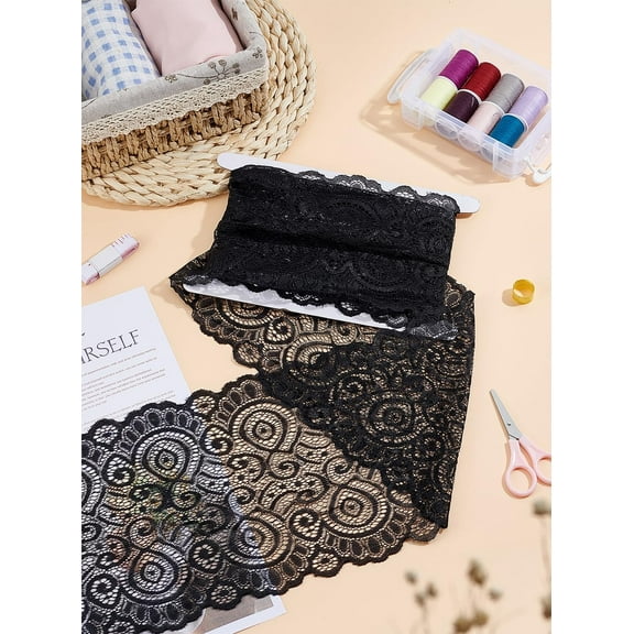 2 Yards Fabric Lace Trim Stretch Black Lace Fabric Black Wide Elastic Lace Trim