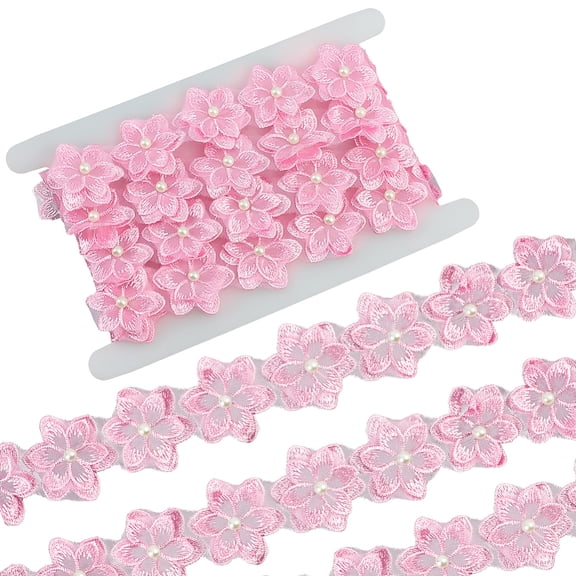 2 Yards Flower Polyester Lace Trim Lace Ribbons with Imitation Pearls for Garment Accessories Hot Pink 1-3/4 inch(45mm)
