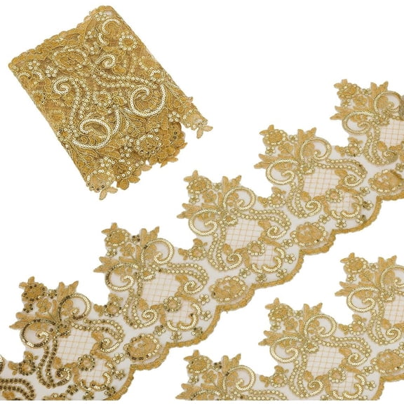 2 Yards Goldenrod Floral and Swirling Vines Pattern Inelastic Embroidery Lace Trim 9.84inch Wide Flower Sequins Lace Trim for Wedding Dress Veil Headdress DIY Handmade Gold