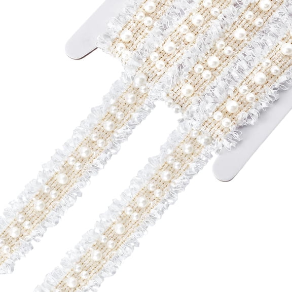 2 Yards Lace Ribbon with Pearl 1-1/8 inch Wide White Pearl Beaded Trim Cord Polyester Fabric Lace Upholstery Trim