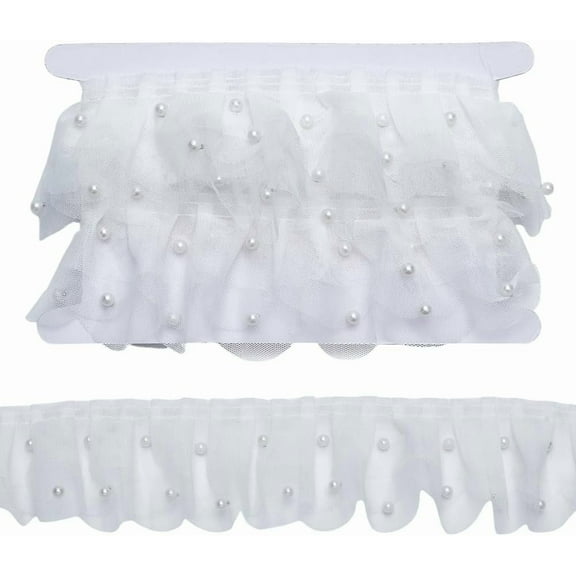 2 Yards Layer Beads Ruffled Fabric lace Trim 65mm(2.56 Inch) White 3-Layer Beads Ruffled Organza Lace Trim Pearl Ruffled Lace Edge Trim for DIY Sewing Material