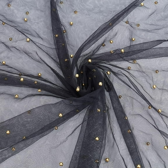 2 Yards Mesh Lace Fabric 63inch Black Gauze with Gold Pearl Decor Nylon Mesh Fabric for Crafts Clothing Sewing Wedding Dress Veil DIY