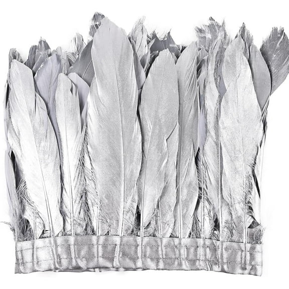 2 Yards Natural Fluffiness Goose Feathers Trim Sewing Fringe 6-8inch for DIY Handicrafts Costumes Decoration,Silver