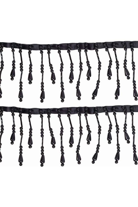 2 Yards Pearl Beaded Lace Trim 3 Inch Wide Black Beaded Lace Ribbon Sewing Clothing Edge Curtain Pearl Pendant Tassels Fringe Trimming