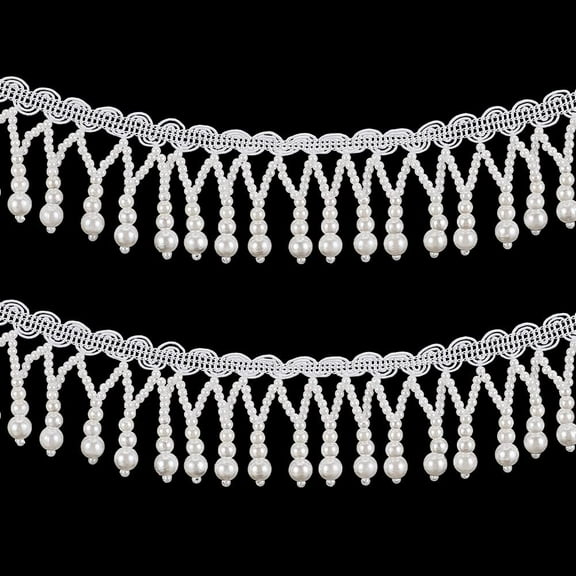 2 Yards Pearl Tassle Beaded Trim 2 Inch Wide White Lace Ribbon Applique Pearl Fringe