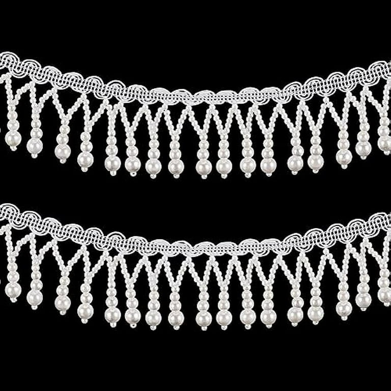 2 Yards Pearl Tassle Beaded Trim Pearl Beaded Trim 2 Inch Wide White Pearl  Lace Ribbon Applique Pearl Fringe