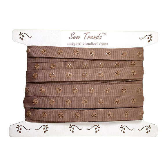 2 Yards Plastic Snap Button Polyester Tape Ribbon Hook & Eye Zipper Popper Press Stud Fastener-COCOA BROWN