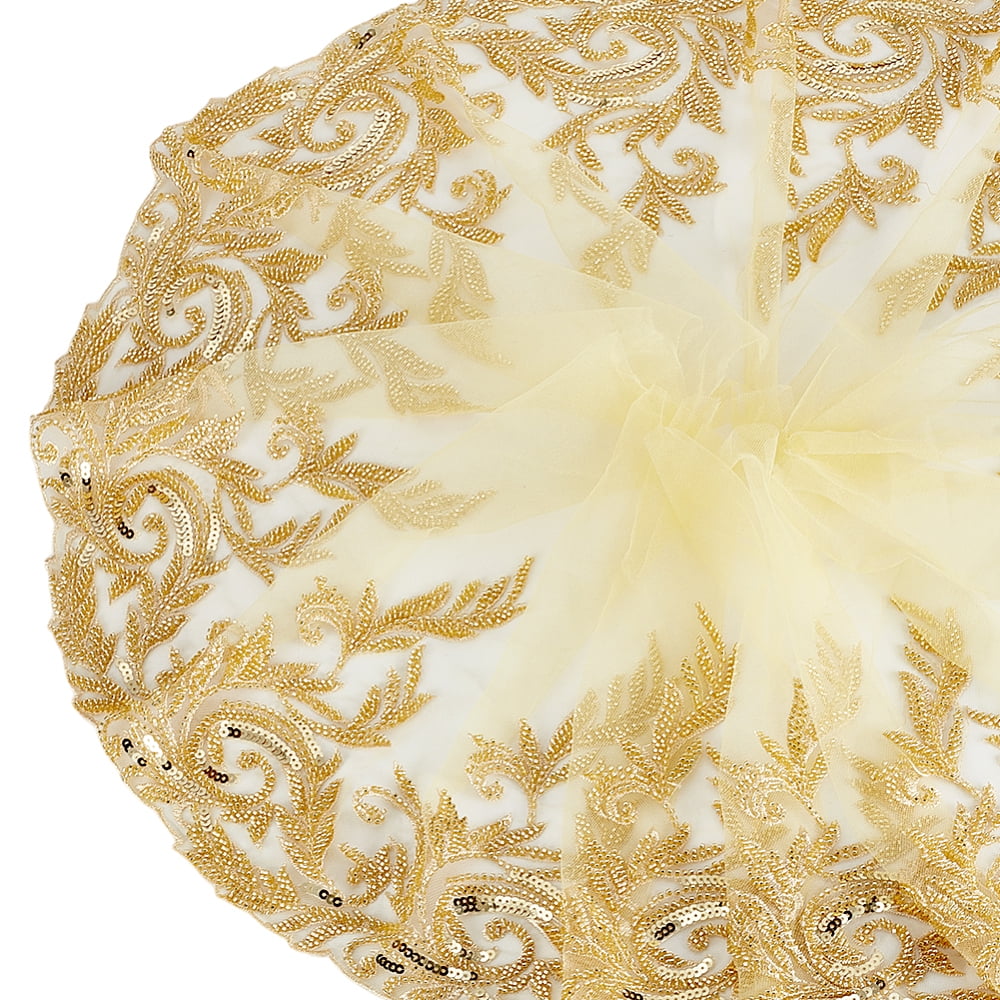 2 Yards Polyester Embroidery Flower Lace Trim Sparkle Lace Trimming with Paillettes Gold 12-5/8~13-5/8 inch(322~345mm)